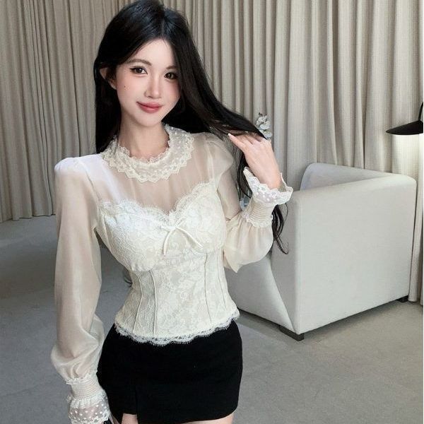 Vintage Mesh Lace Spliced Inner Shirt For Women, Spring French Style, Exquisitely Crafted, Waist-cinching, Slimming,_ecoleips.com