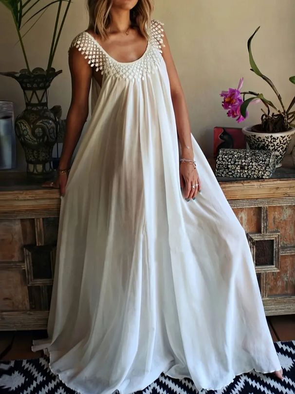 Women's Clothing Summer Fashion Elegant Large Round Neck Sleeveless Long Plus Size Dress_ecoleips.com