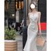 Elegant French Style Evening Gown off White Halter Neck Spaghetti Strap Satin Dress Women's Fishtail Long Skirt_ecoleips.com