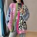 3D Geometric Knit Cardigan – Denim-Paneled Polyester Blend Open Front Sweater | Trendy Black/Yellow/Green/Pink (One Size)_ecoleips.com