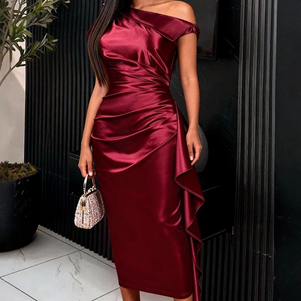 Burgundy High-Waisted Satin Ruffle One-Shoulder Bodycon Dress Slimming Waist Cinching For Banquets And Parties Women's Clothing_ecoleips.com