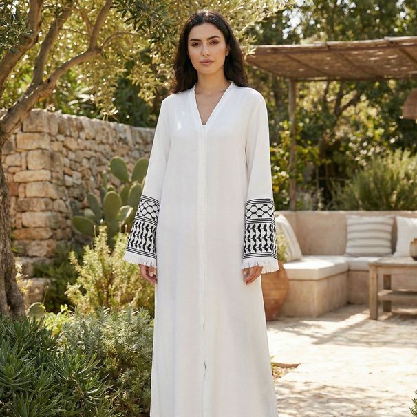 Women's Clothing Women's Modest Embroidered Dress With Tassel Trim Open Front Cardigan Set_ecoleips.com