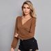 Voya Women's V-neck Slim Fit Top Fried Dough Twists Fabric Long Sleeve T-shirt Versatile Backing Shirt Elegant Style_ecoleips.com
