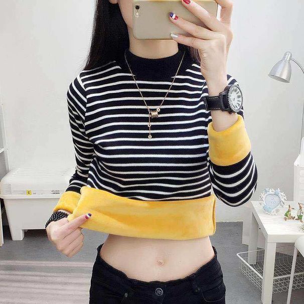A Striped, Warm, Plush, And Thick Base Layer Shirt Perfect For Autumn And Winter; Pairs Well With Plus-Size Women's Clot_ecoleips.com