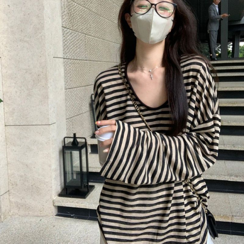 Autumn Lazy Wind Striped Long Sleeve Sunscreen T-Shirt Women's Summer U-Neck Loose Top Wholesale_ecoleips.com