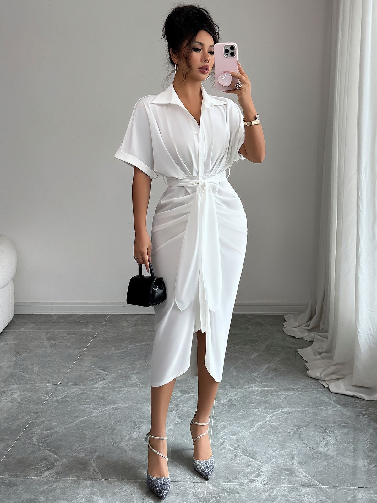 Elegant V-Neck Wrap Dress With Belt – Women’s Bodycon Midi Dress (Stretch & Wrinkle-Resistant) – Sophisticated Office & Evening Wear_ecoleips.com