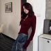 Spice Girl Half Open Neck Red White T-Shirt Women's Bottom Shirt V-Neck Long Sleeve Top_ecoleips.com