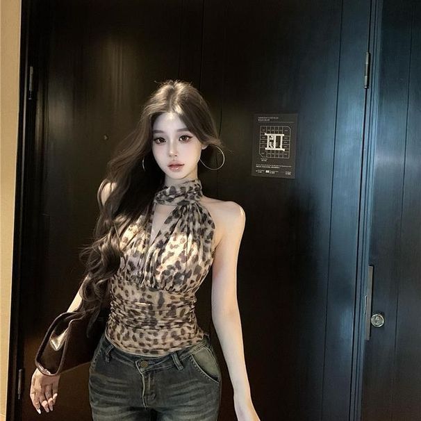 American-style Leopard Print Backless Halter Neck Camisole Women, New Summer Slim-fit Waist-cinching Design, Stylish_ecoleips.com