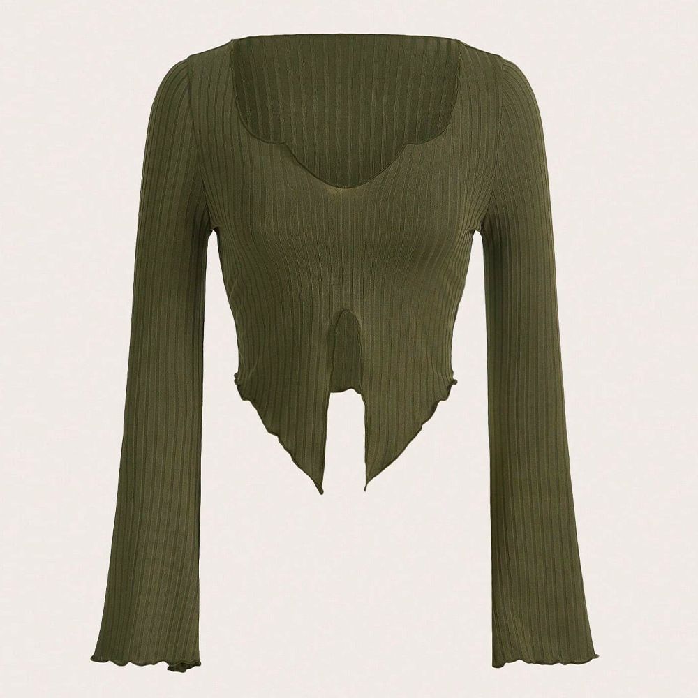Voya Women's 2026 Spring/Summer New Item Asymmetric Hem Horn Sleeve V-neck Slimming Long Sleeve T-shirt Top_ecoleips.com