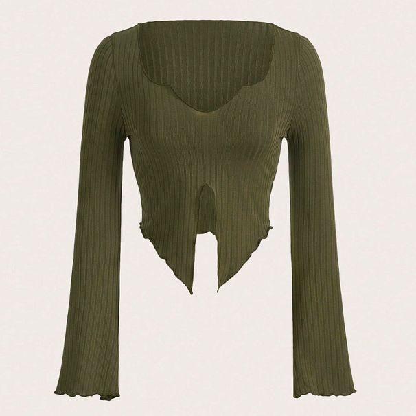 Voya Women's 2026 Spring/Summer New Item Asymmetric Hem Horn Sleeve V-neck Slimming Long Sleeve T-shirt Top_ecoleips.com