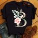 European And American Cross-border Foreign Trade Women's Floral Letter Print Round-neck Short-sleeve T-shirt Top_ecoleips.com