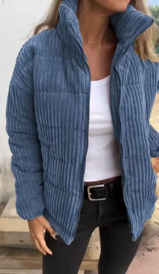 Women's Corduroy Stand Collar Long Sleeve Short Pocket Jacket - Autumn Winter Casual Outerwear (Orange, Navy, Green, Black, Gray, Brown, Blue, Red)_ecoleips.com