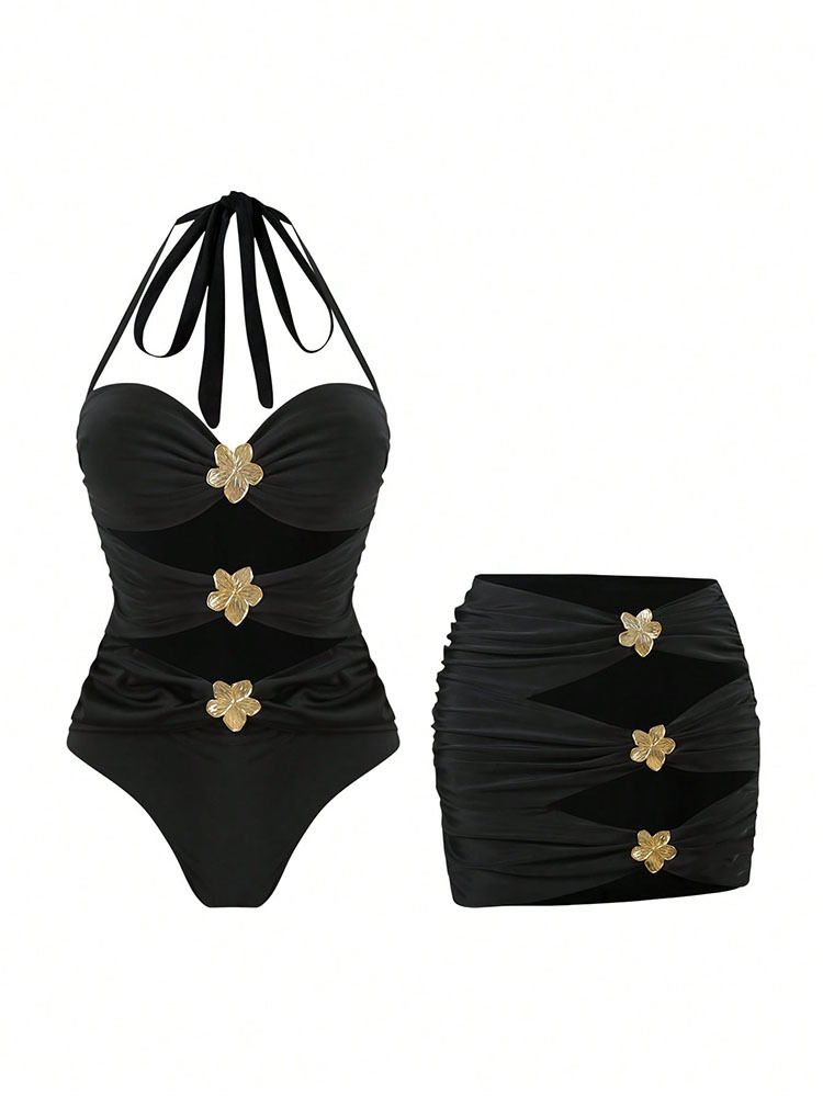 Women's Clothing Sexy Bikini Swimsuit With Alloy 3D Flower Shaped Jewelry Buckle Heart Gardenia Decoration Regular Fit For All Seasons_ecoleips.com