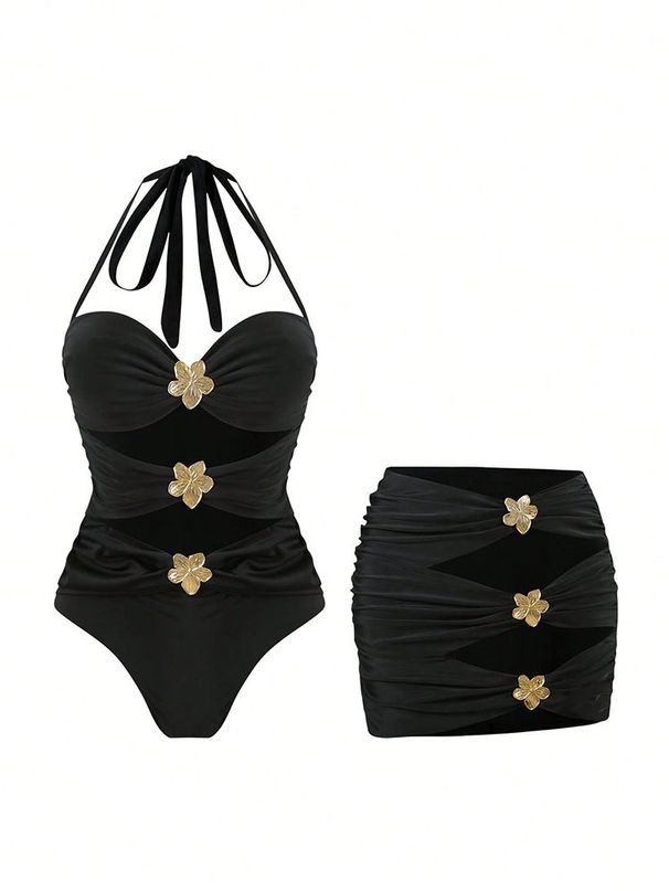 Women's Clothing Sexy Bikini Swimsuit With Alloy 3D Flower Shaped Jewelry Buckle Heart Gardenia Decoration Regular Fit For All Seasons_ecoleips.com