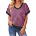 2026 Women Elegant V Neck Short Sleeve Soft Knitted Striped Loose Top_ecoleips.com