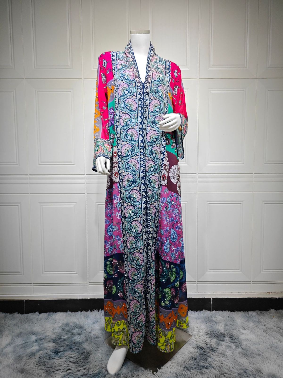 Elegant Long-Sleeve Maxi Dress – Floral Print & Rhinestone Embroidery, Polyester Blend, S-Xxl (Multi-Color)_ecoleips.com