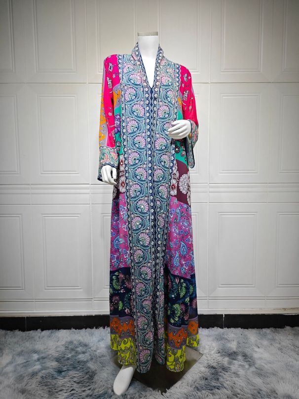 Elegant Long-Sleeve Maxi Dress – Floral Print & Rhinestone Embroidery, Polyester Blend, S-Xxl (Multi-Color)_ecoleips.com