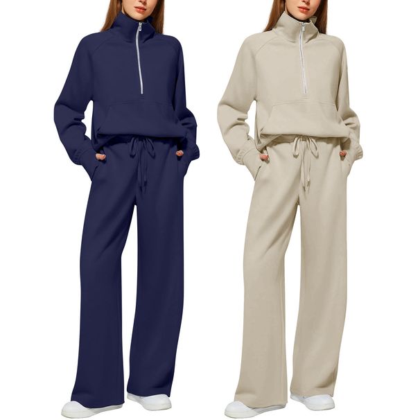 European And American Women's Two Piece Suit Oversized Half Zip Sweatshirt Wide Leg Sweatpants Casual Style_ecoleips.com