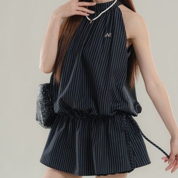 Black Striped Halter Neck Fashion Versatile Dress Women Sleeveless Shirt Flower Bud Casual Shorts Two-Piece Set_ecoleips.com