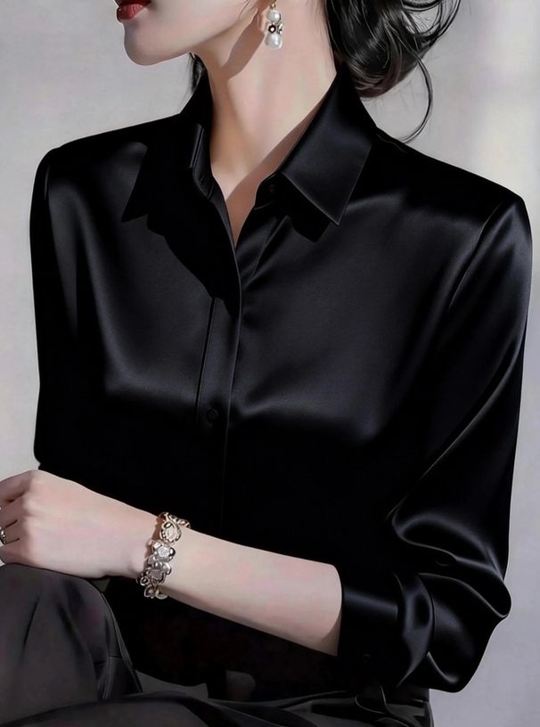 Women's Clothing Spring/Summer Solid Color Women's Collared Shirt Versatile Satin Long Sleeve Button Down Top_ecoleips.com