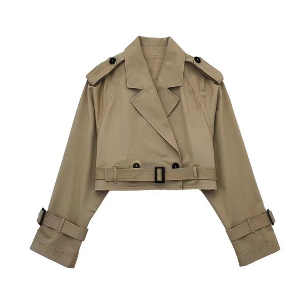 New women's European and American style belted long sleeved short casual windbreaker jacket_ecoleips.com