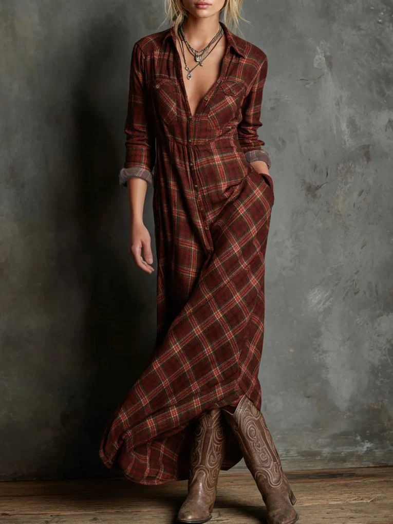 Women's Double-Sided Printed Casual Long-Sleeved Plaid Dress European American Style New Arrival 2025_ecoleips.com