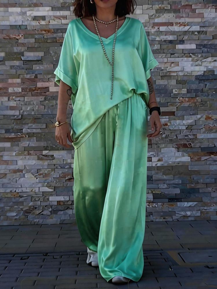 Women's Clothing Plus Size Casual V Neck Pullover Top Multi Color Short Sleeve Length Pants Suit_ecoleips.com