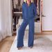 Women's Clothing New Casual Threaded V Neck Long Sleeved Loose Top Wide Leg Pants Two Piece Set_ecoleips.com