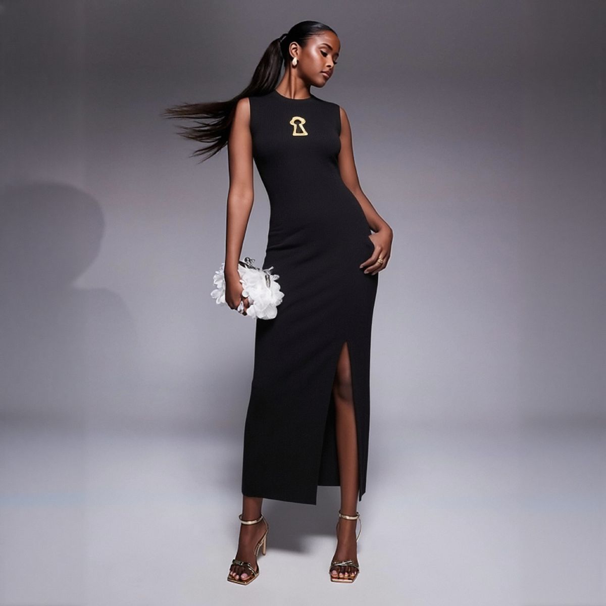 Keyhole Backless Knit Bodycon Dress With Metal Buckle - Slim Fit Slit Long Sleeveless Dress For Night Out And Date Night_ecoleips.com
