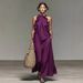 Elegant Halter Neck Maxi Dress With Ruffle Trim, Loose Fit Flowy Summer Long Dress For Women Lightweight & Breathable Fabric_ecoleips.com