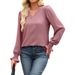Ice-White Ruffled Solid V-Neck Bubble-Flared Long-Sleeve T-Shirt, Women's Size 3/4_ecoleips.com