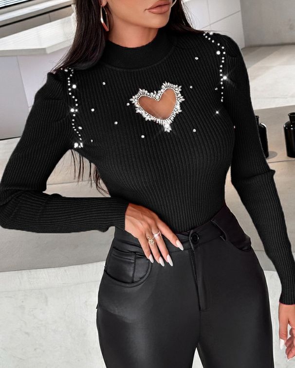 Women's Clothing Inner Wear Autumn And Winter Half High Collar Bottoming Shirt Beaded Sweater Slim Top_ecoleips.com