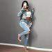 Women's Floral Print Cropped Denim Jacket Set, Long Sleeve Button Down Crop Coat & High Waist Jeans 2 Piece Outfit, Casual Streetwear Daily Wear Match_ecoleips.com