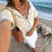 Spring/Summer Women's Elegant Collar Versatile Fashion Casual Top Drop Shoulder Hollow out Color plus Size Knit Short Sleeve Sweater_ecoleips.com