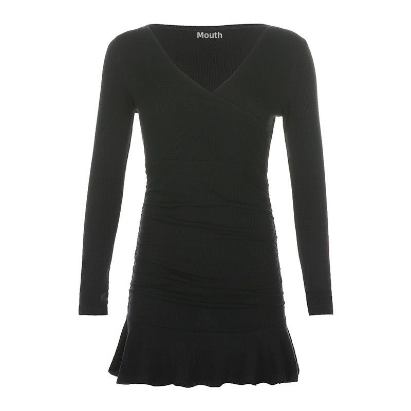 Manufacturer Export European And American Women's Fashion 2022 Autumn Winter New V-neck Pleated Slim Fit Ruffled Long_ecoleips.com