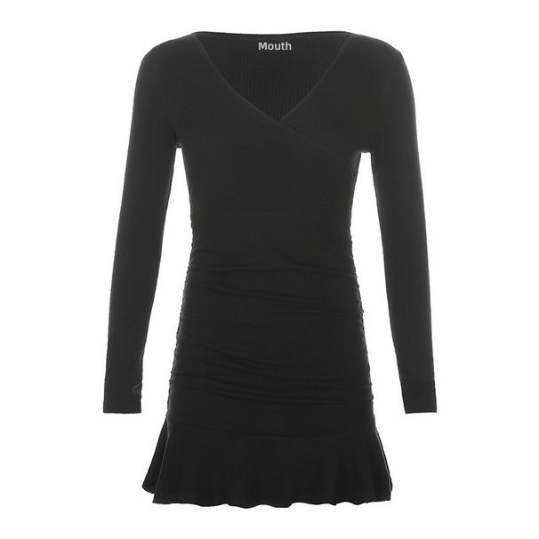 Manufacturer Export European And American Women's Fashion 2022 Autumn Winter New V-neck Pleated Slim Fit Ruffled Long_ecoleips.com
