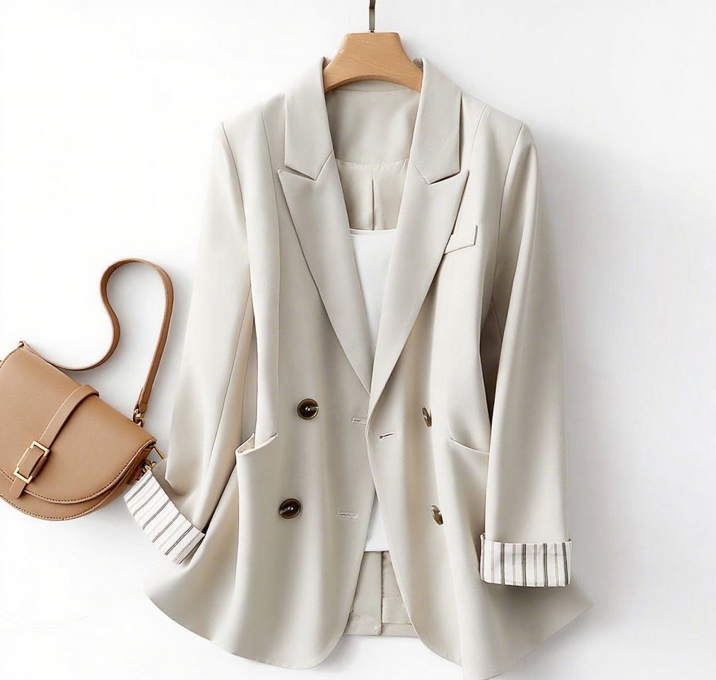 Women's Clothing Women's Solid Color Suit Jacket High End Design Striped Cuffs Casual Jacket_ecoleips.com