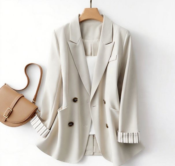 Women's Clothing Women's Solid Color Suit Jacket High End Design Striped Cuffs Casual Jacket_ecoleips.com