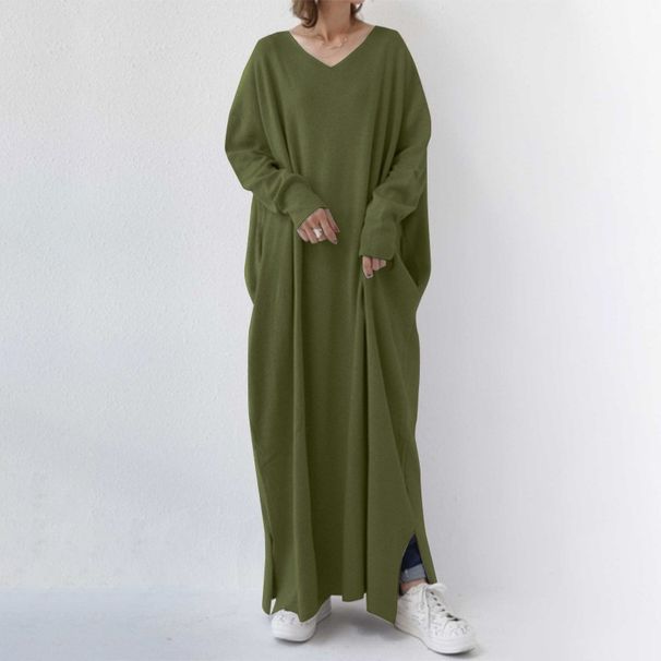 Women's Clothing Casual Long Sleeve V-Neck Swing Dress - Cotton Blend Flowy Maxi Dress For Everyday Comfort (Gray/Black/Army Green, Sizes M-5XL)_ecoleips.com