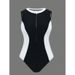 Elegant Black & White One-Piece Swimsuit For Women - Tummy Control High-Neck Design, Modest Swimwear, S/M/L/XL Sizes_ecoleips.com