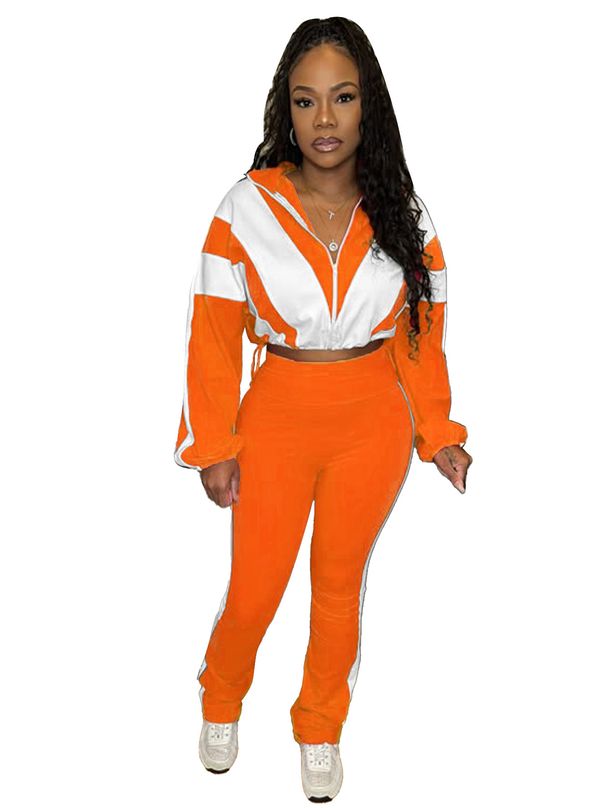 European And American Women's Clothing Elastic Waist Color Block Stitching Contrast Color Sports Casual Two Piece Trousers Suit_ecoleips.com