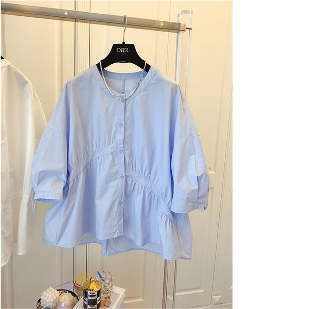 2025 Summer New Korean Version Design Sense Niche Loose Asymmetric Pleated Patchwork Doll Shirt Women's Trend_ecoleips.com