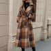 Classic British Style Long Trench Coat With Belt – Plaid Wool Blend Overcoat For Women (Sizes S-Xl, Coffee Brown)_ecoleips.com