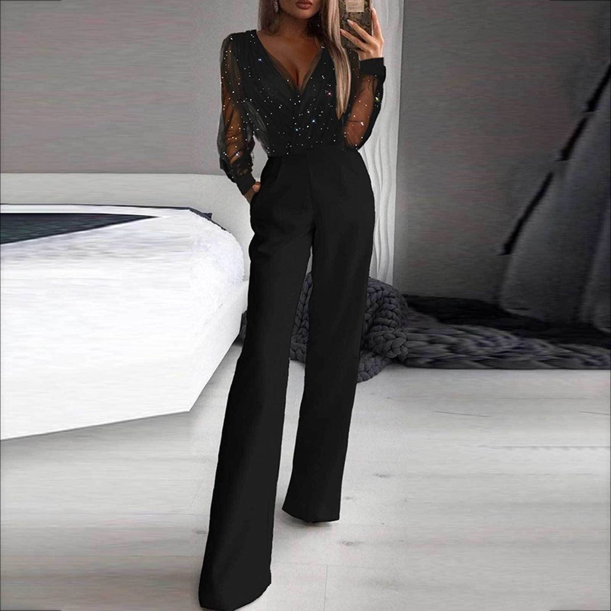 Women’s Clothing e commerce clothing mesh powder splicing jumpsuit_ecoleips.com