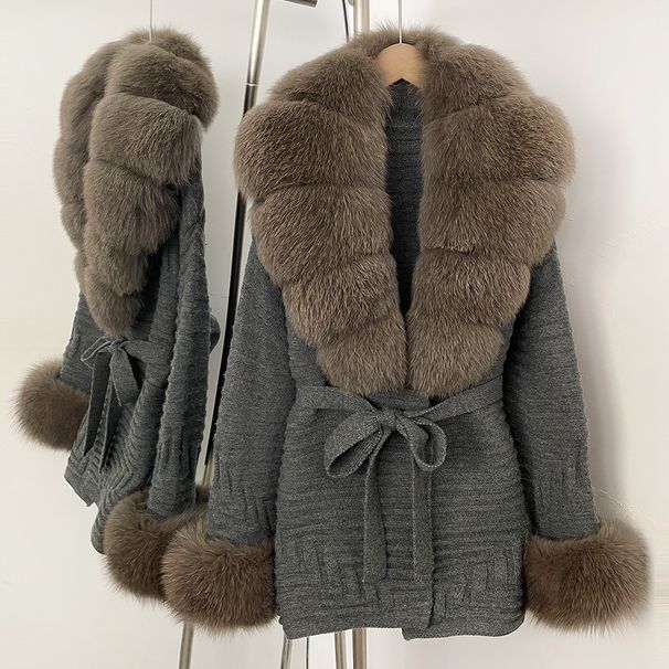 Luxury Oversized Knit Cardigan With Genuine Fox Fur Collar - Elegant Loose Fit V-Neck Sweater Coat For Women (Multiple Color Options)_ecoleips.com