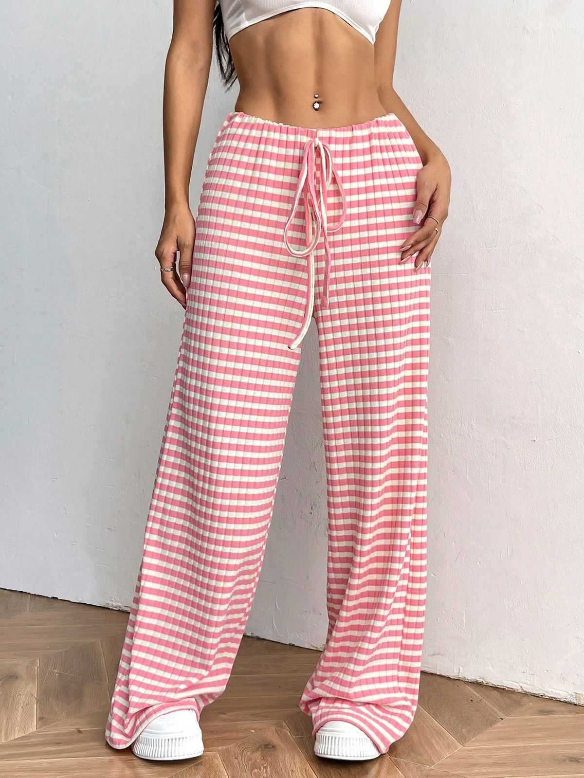 Aria Basics 2026 Spring Autumn European And American Cross-Border Women's New Casual Striped Solid Color Elastic Drawstring_ecoleips.com