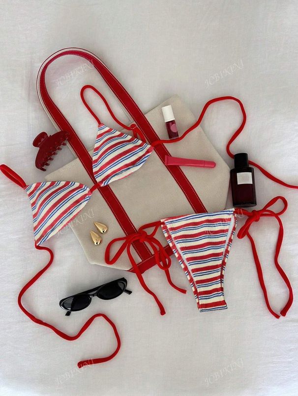 Women's Clothing Sexy Striped Low Waisted Swimsuit Bottoms Tie Front Bikini Set Specialty Fabrics_ecoleips.com