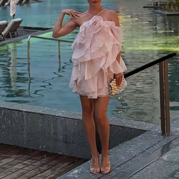 Summer Sleeveless Suspender Ruffle Edge Dress Flower Patchwork Chiffon Beach Dress Fashion Hollow Out Backless Women Long Dress_ecoleips.com