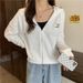European American Women's Sweatshirt, Spring And Autumn Thin Loose Short Long-sleeve Hooded Cardigan Top,_ecoleips.com