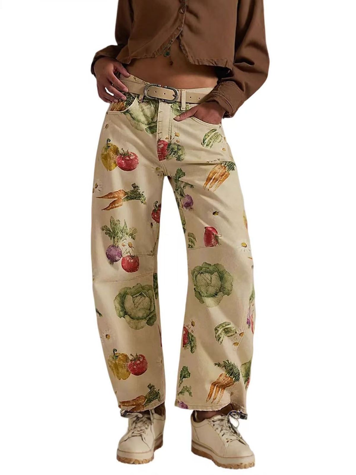 Women's Floral Print Denim Jeans Autumn Winter Wide Leg Cropped mid Waist Y2K Style Loose Fit Jeans_ecoleips.com